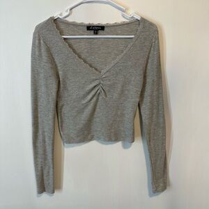 Gray V-Neck Long Sleeve Top